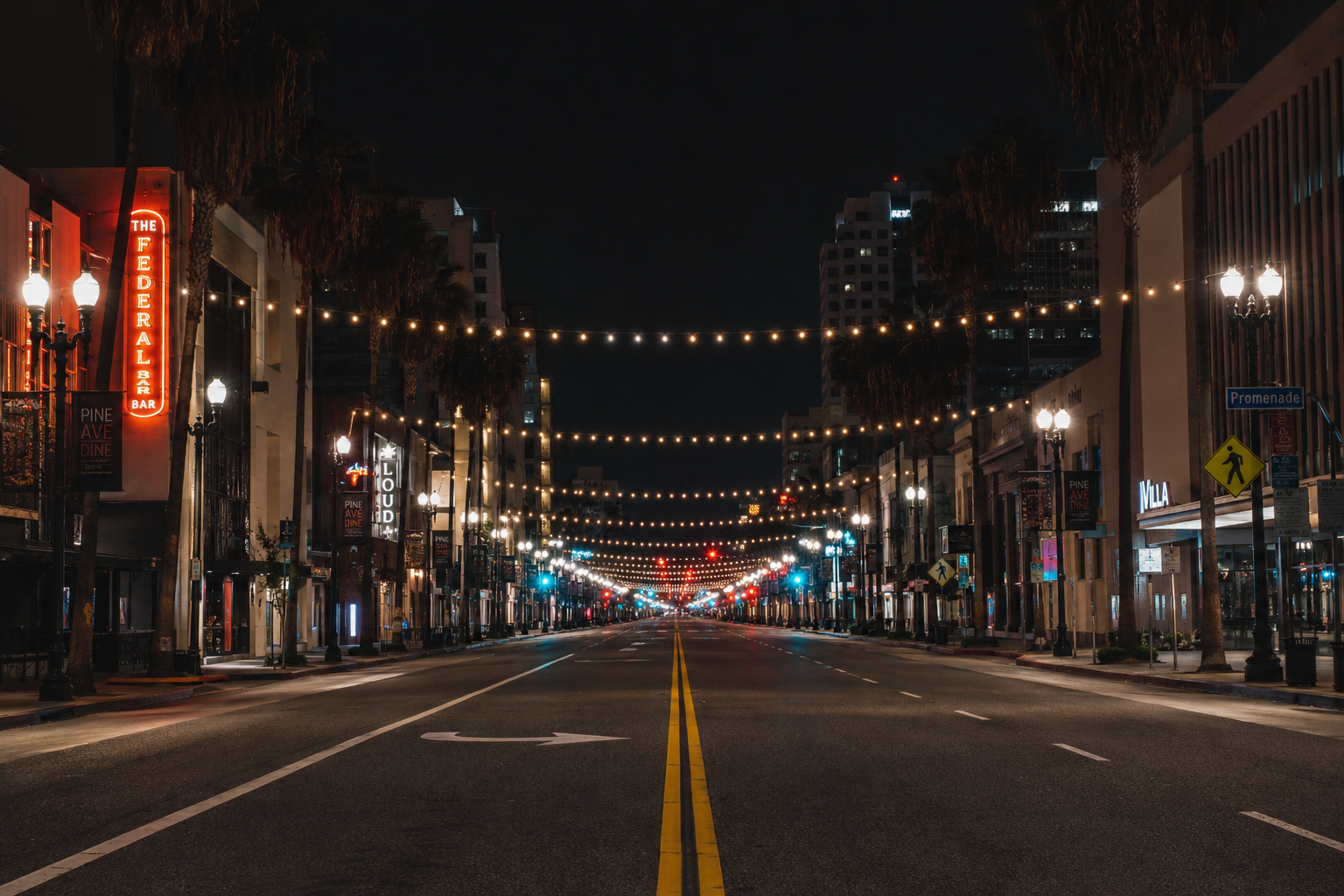 Downtown Long Beach street at night